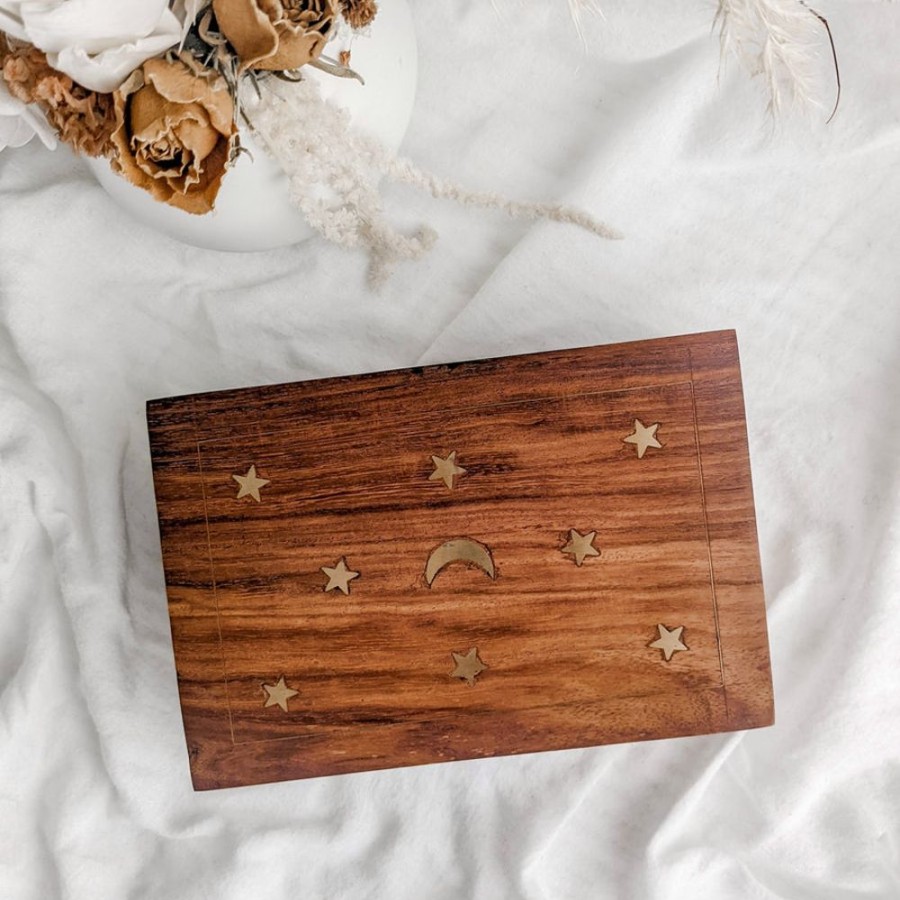 Home Aspiration International | Wooden Keepsake Treasure Box - Moon And Stars